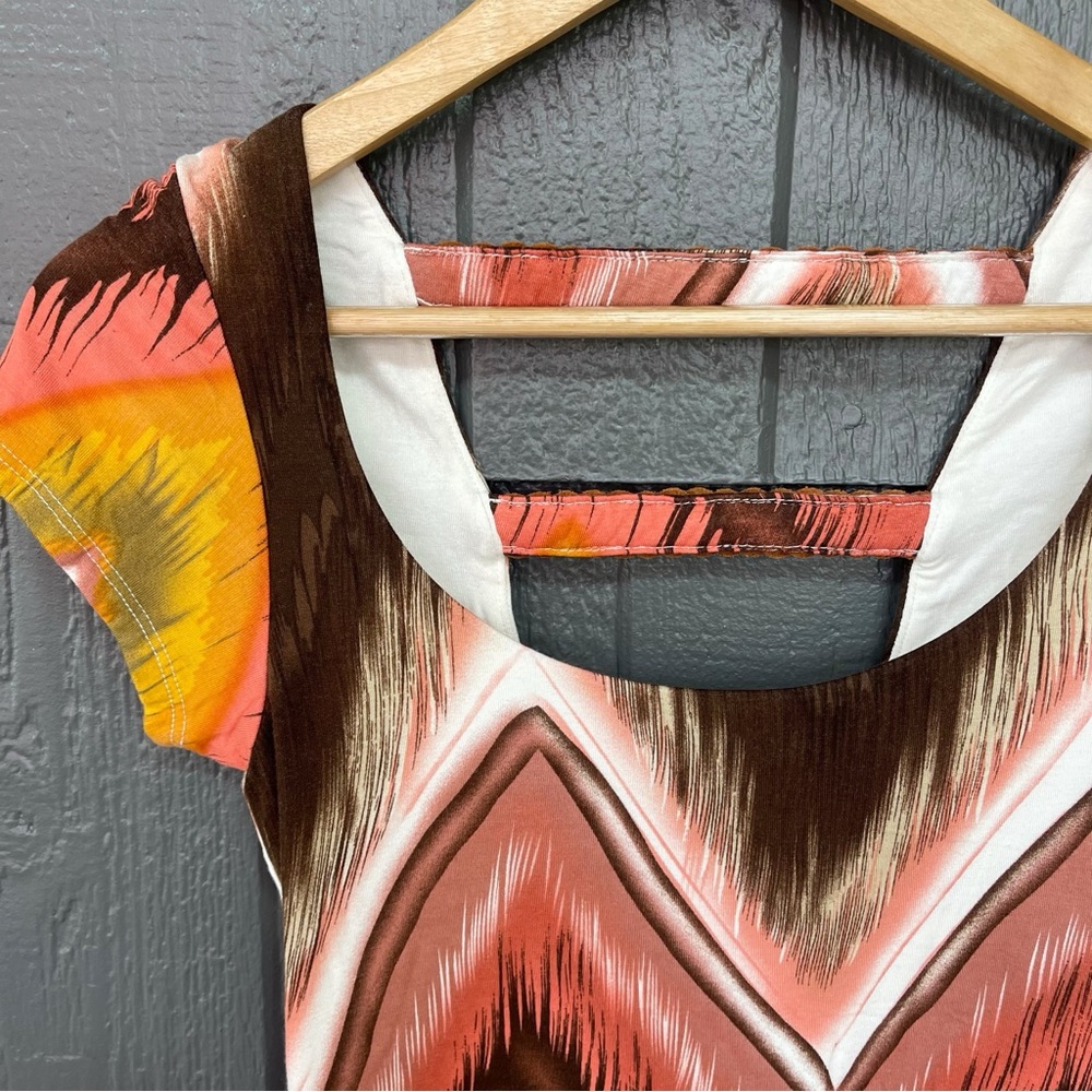 Sky Chevron Brown Orange Mustard Yellow Top with Faux Leather Braided Back - Picture 5 of 8